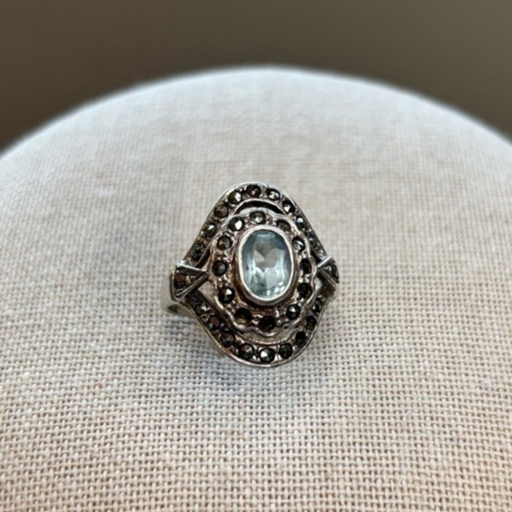 Vintage Sterling Silver 925 Marcasite Ring Blue Stone Art Deco Statement Ring